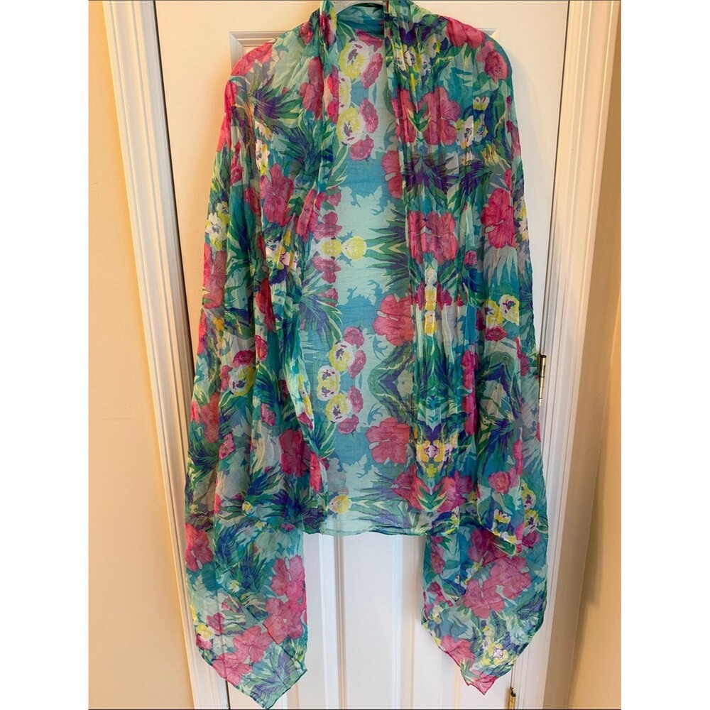 Tropical Floral Sheer Scarf Wrap Sarong Pareo - Teal, Pink, Yellow Colorful